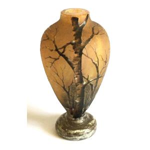 Daum, Miniature Vase With Winter Decoration Signed, Height 7.3 Cm