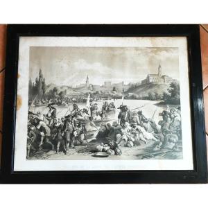 Guerres de Vendée, "passage de la loire ..." grande lithographie du 19ème, imprimerie lemercier