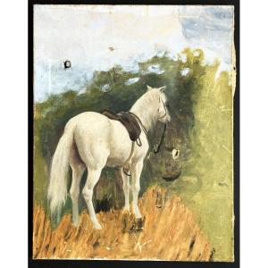 "le Cheval Blanc" huile sur toile du 19ème, esquisse état grenier, non signée.