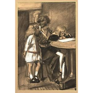 Lucien Jonas 1880/1947 la leçon d'écriture, dessin au fusain et gouache vers 1900