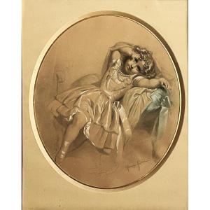 Joseph Félon 1818/1897 "little Girl With A Necklace" Pencil And Pastel Drawing