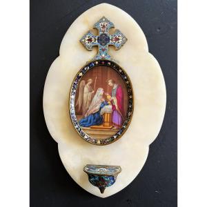 Bénitier en porcelaine peinte, émaux, onyx et bronze, daté 1891