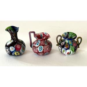 Murano, trois vases miniature en verre soufflé Milleflori