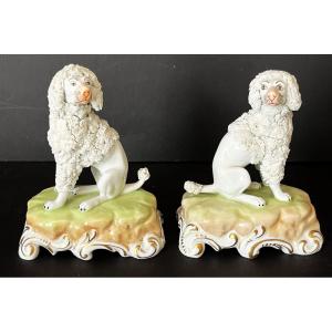 Porcelaine de Dresde, paire de caniches royaux assis.