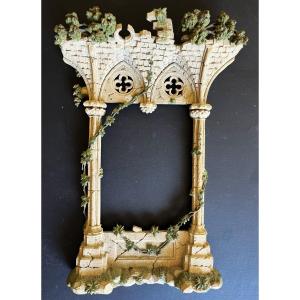 Large 19th-century Neo-gothic Carved Frame Made Of Polychrome Carved Wood.