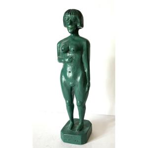 Art Brut, art naïf, la "Vénus verte" sculpture sur bois des années 30 monogrammée .