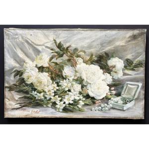 "pier Of White Roses," Oil On Canvas, Signed By Marie Corbel