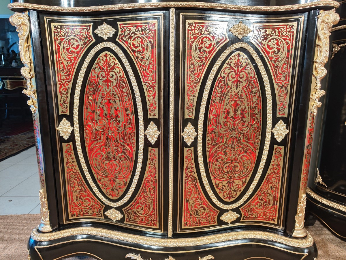 Pair Of Sideboards With Two Curved Doors In Boulle Marquetry-photo-4