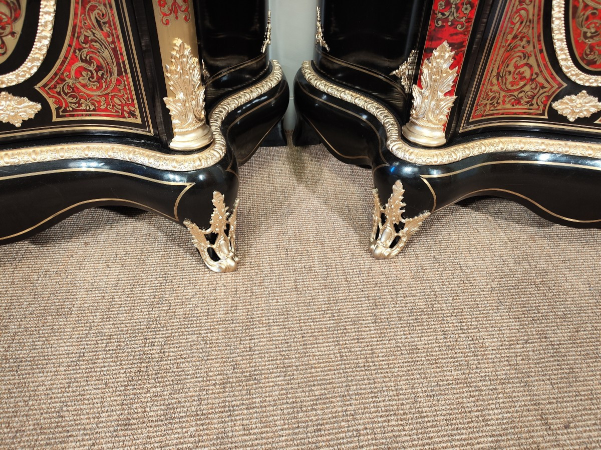 Pair Of Sideboards With Two Curved Doors In Boulle Marquetry-photo-6