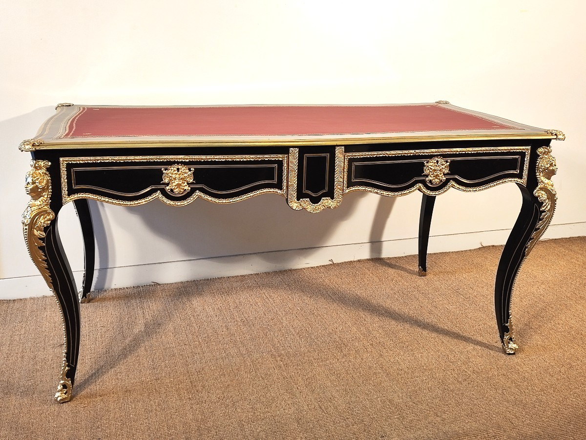 Large Napoleon III Period Regency Blackened Wood Desk