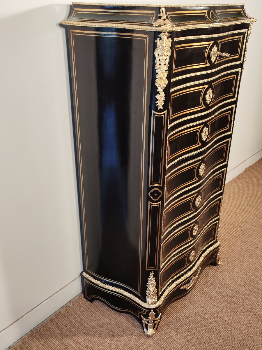 Napoleon III Period Brass Marquetry Secretary Signed Vervelle-photo-2