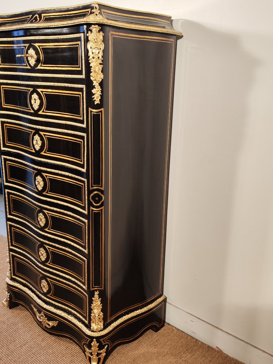 Napoleon III Period Brass Marquetry Secretary Signed Vervelle-photo-3