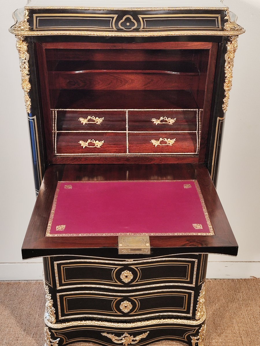 Napoleon III Period Brass Marquetry Secretary Signed Vervelle-photo-1