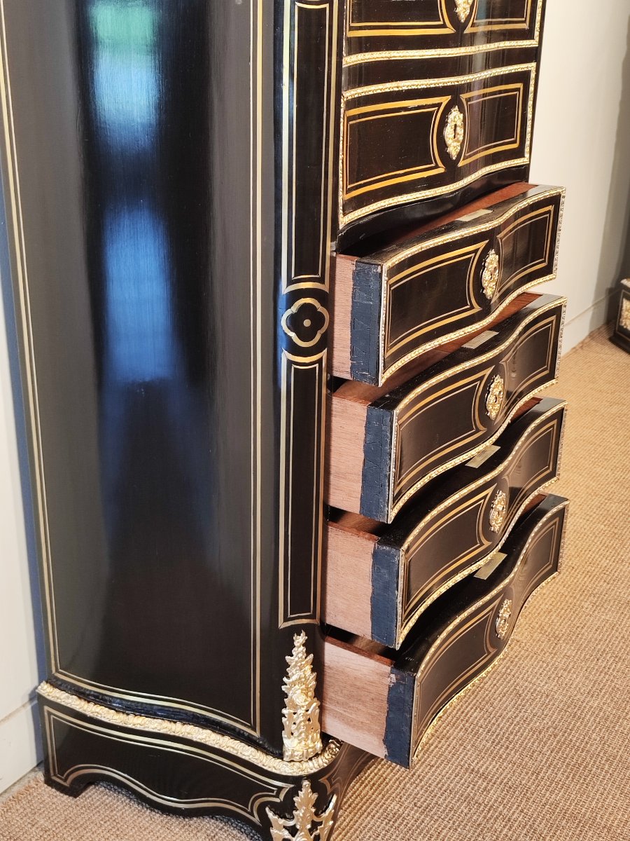 Napoleon III Period Brass Marquetry Secretary Signed Vervelle-photo-4