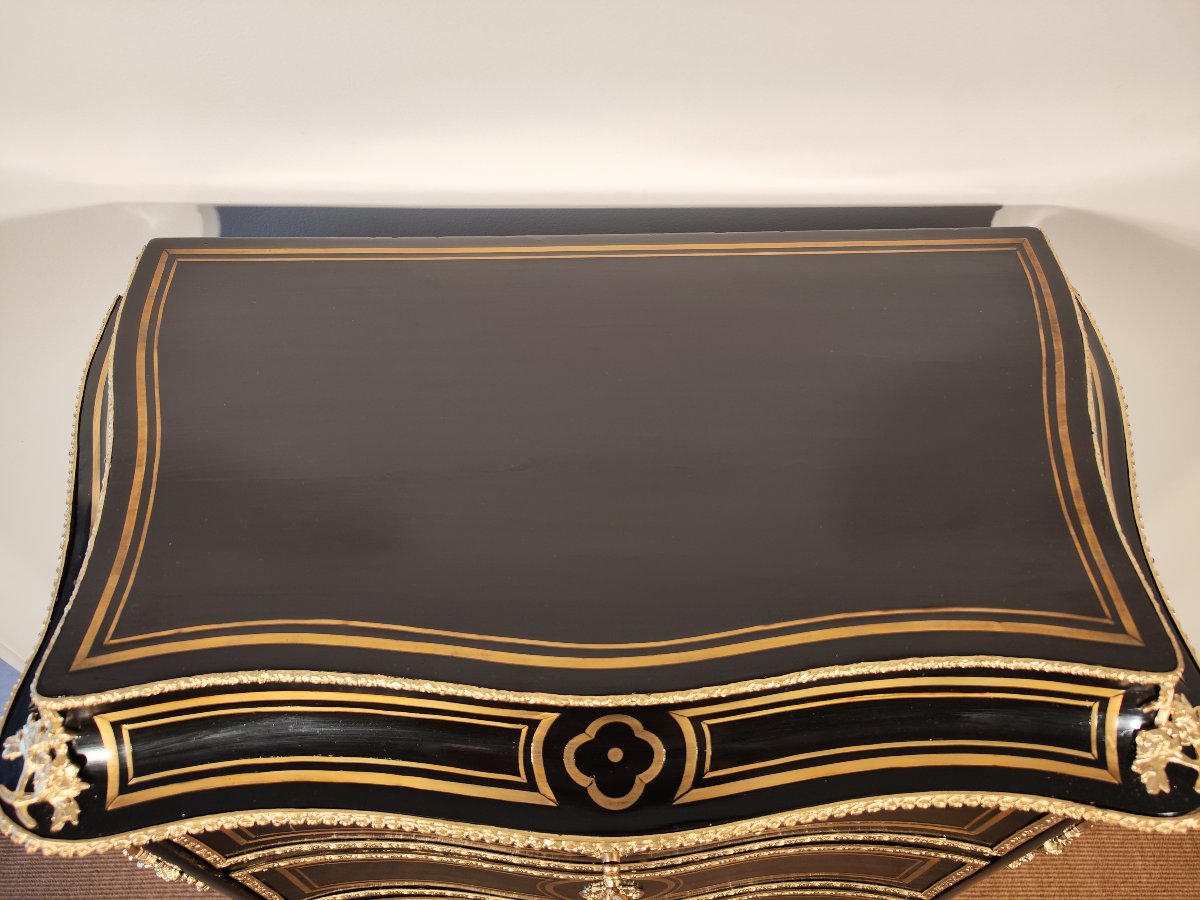 Napoleon III Period Brass Marquetry Secretary Signed Vervelle-photo-5