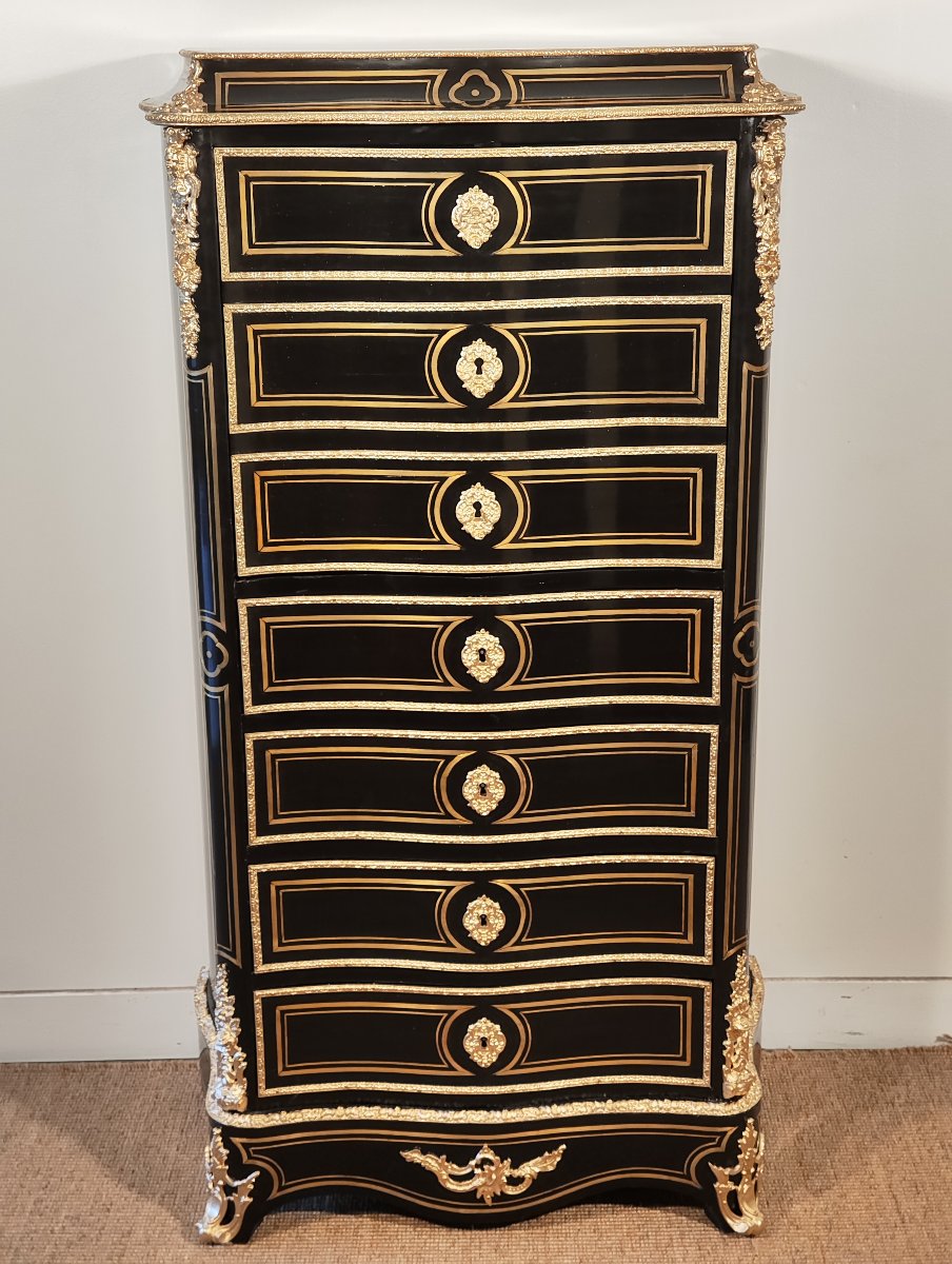 Napoleon III Period Brass Marquetry Secretary Signed Vervelle