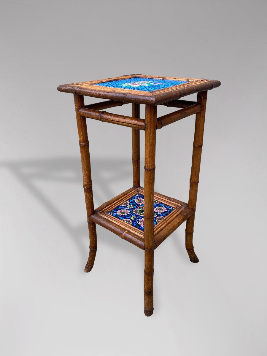 20th Century Hand Painted Tiled Tops Bamboo Side Table-photo-2