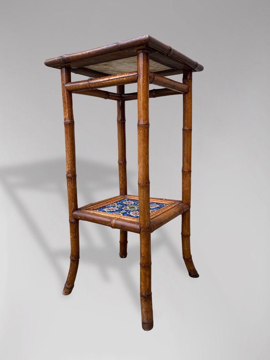 20th Century Hand Painted Tiled Tops Bamboo Side Table-photo-3