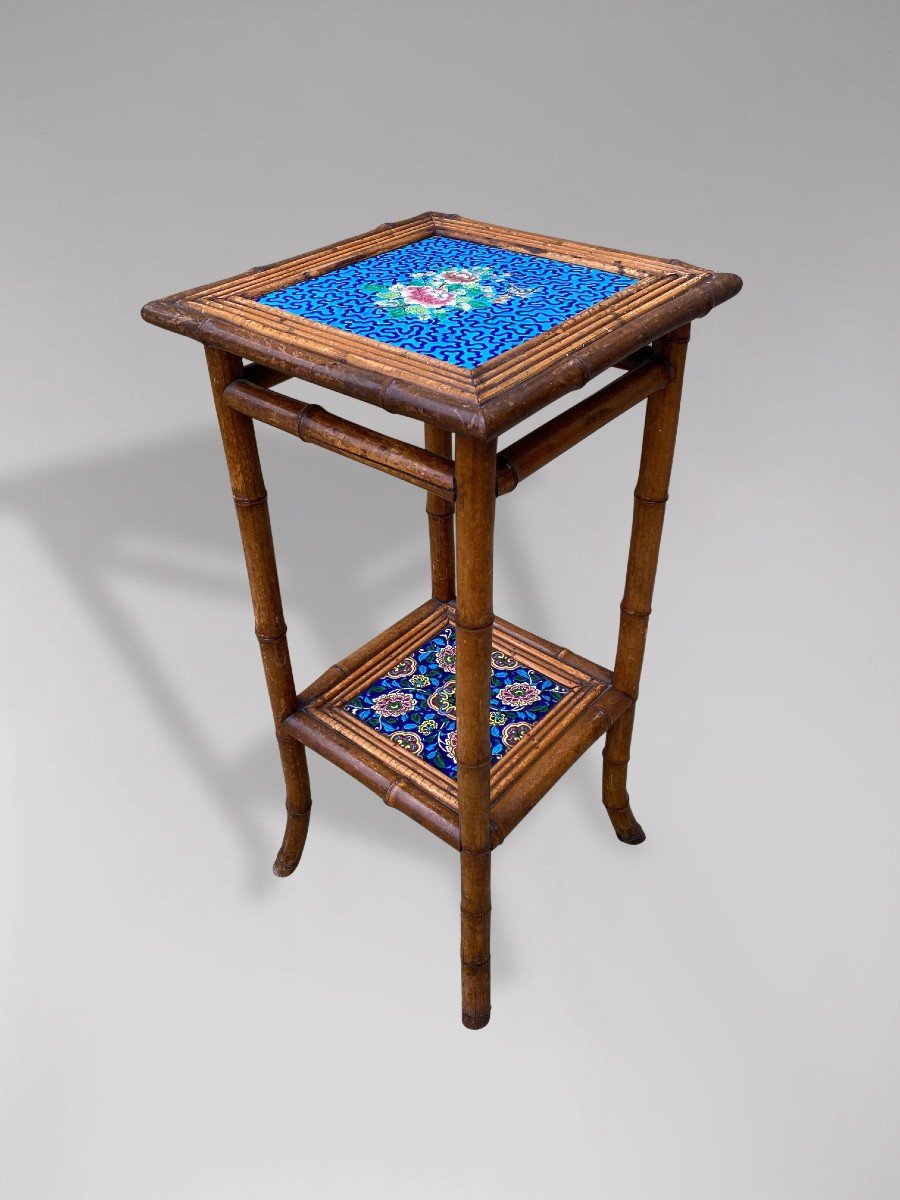 20th Century Hand Painted Tiled Tops Bamboo Side Table