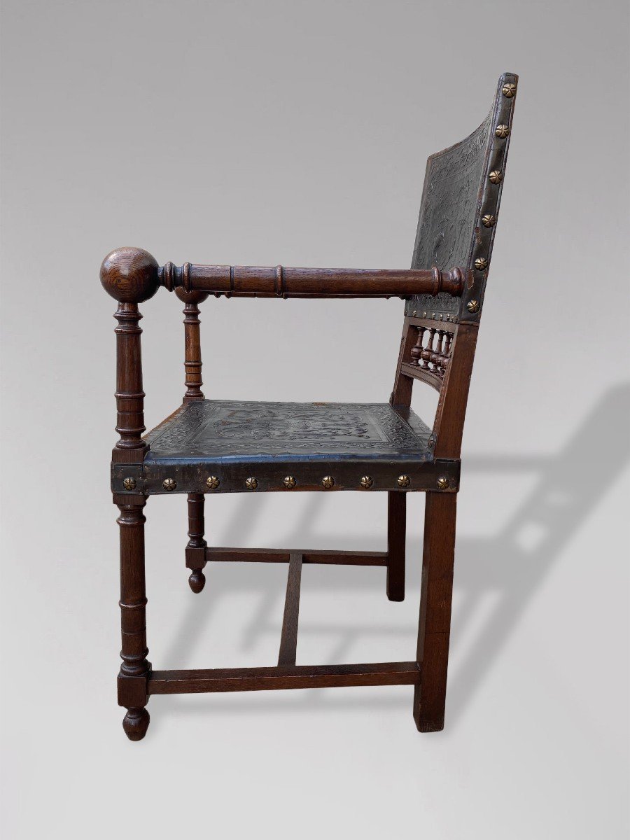 19th Century French Henri II Oak Tooled Leather Armchair-photo-2