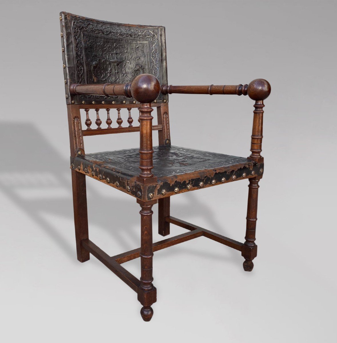 19th Century French Henri II Oak Tooled Leather Armchair