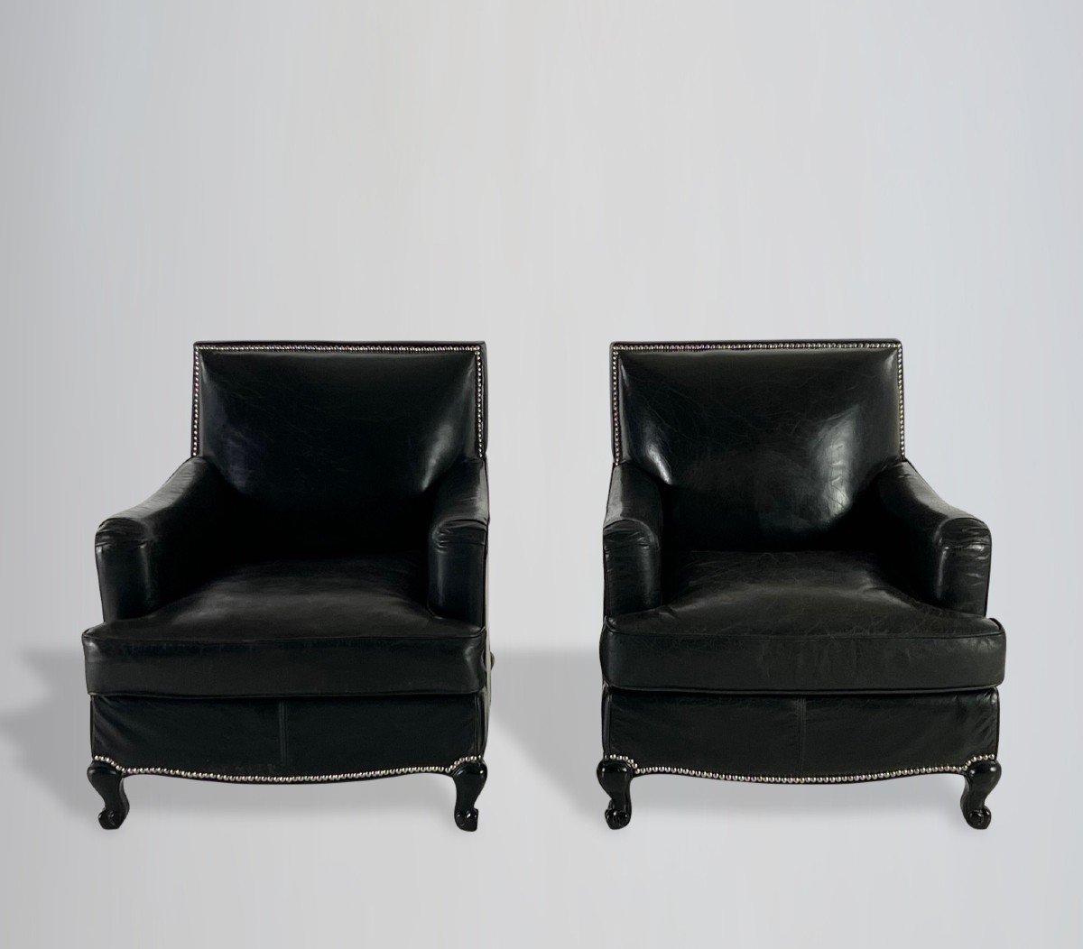 Pair Of French Black Leather Club Armchairs-photo-2