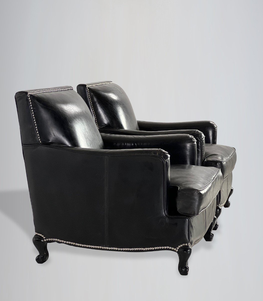 Pair Of French Black Leather Club Armchairs-photo-3