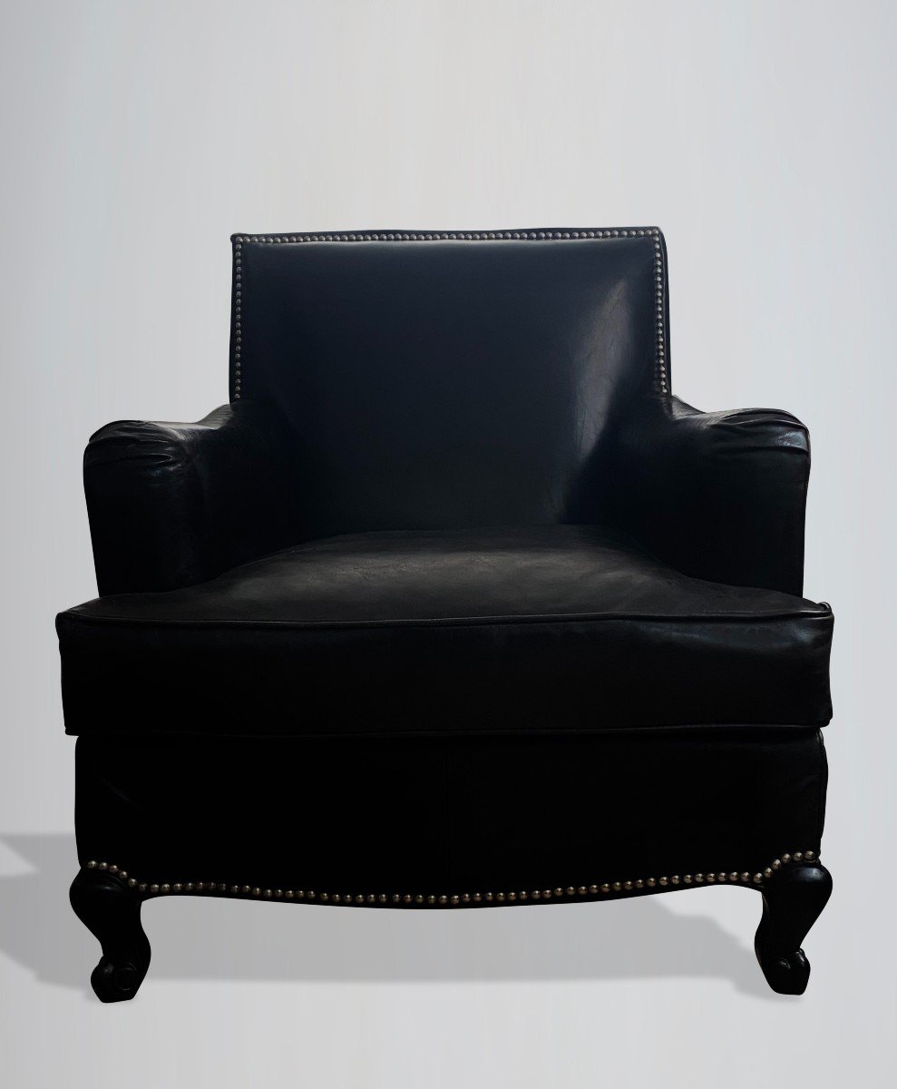 Pair Of French Black Leather Club Armchairs-photo-1