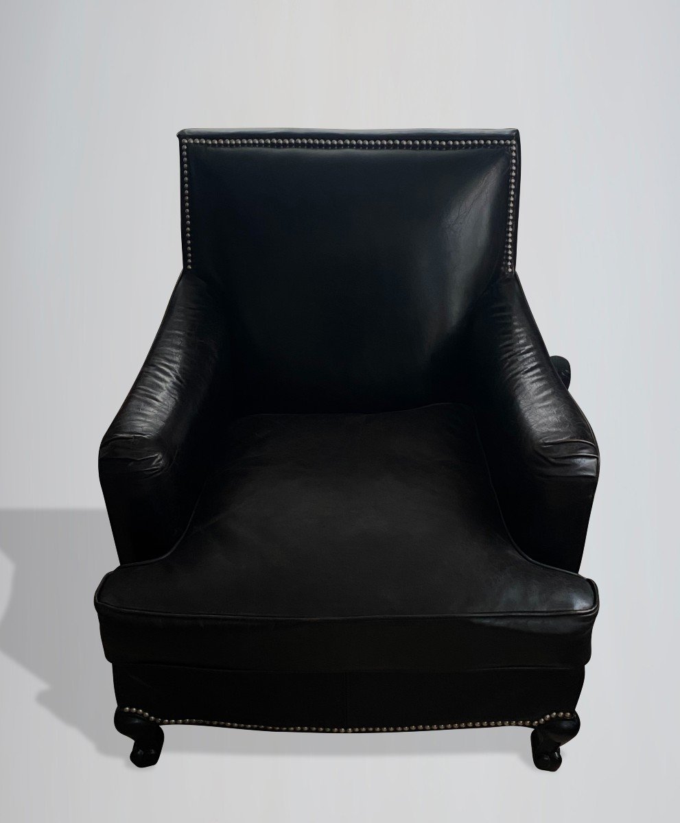 Pair Of French Black Leather Club Armchairs-photo-3