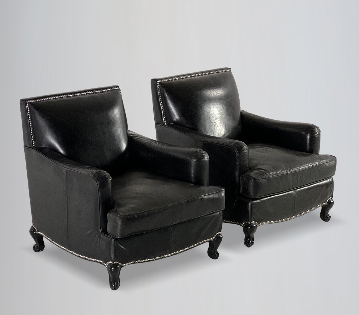 Pair Of French Black Leather Club Armchairs