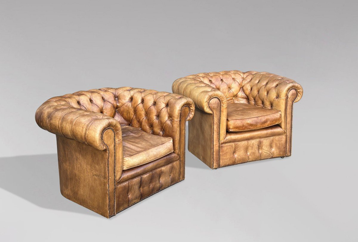 Pair Of 19th Century Beige Leather Chesterfield Club Armchairs