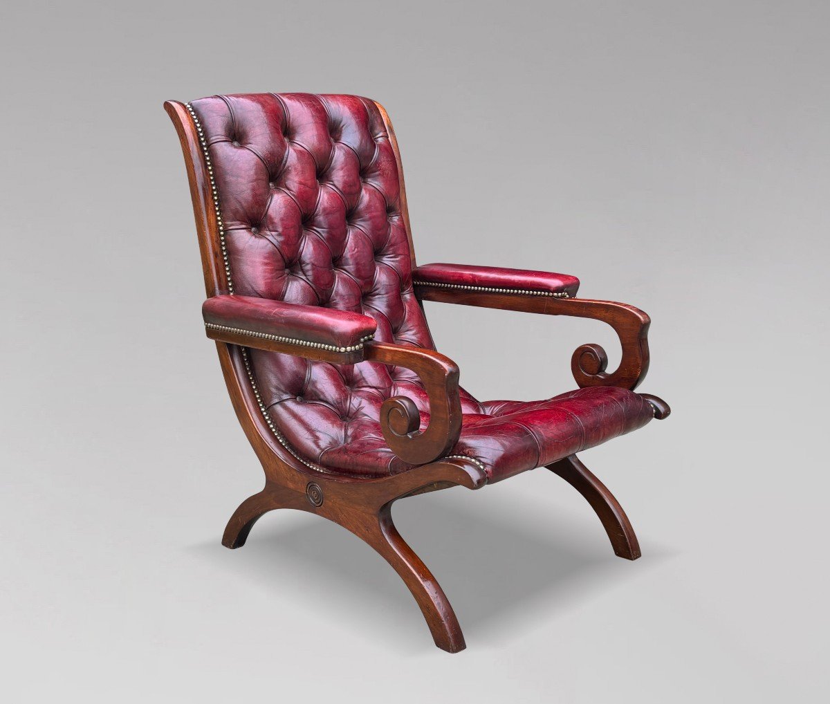 Fauteuil Slipper Chesterfield en Cuir Rouge Bordeaux de Qualité