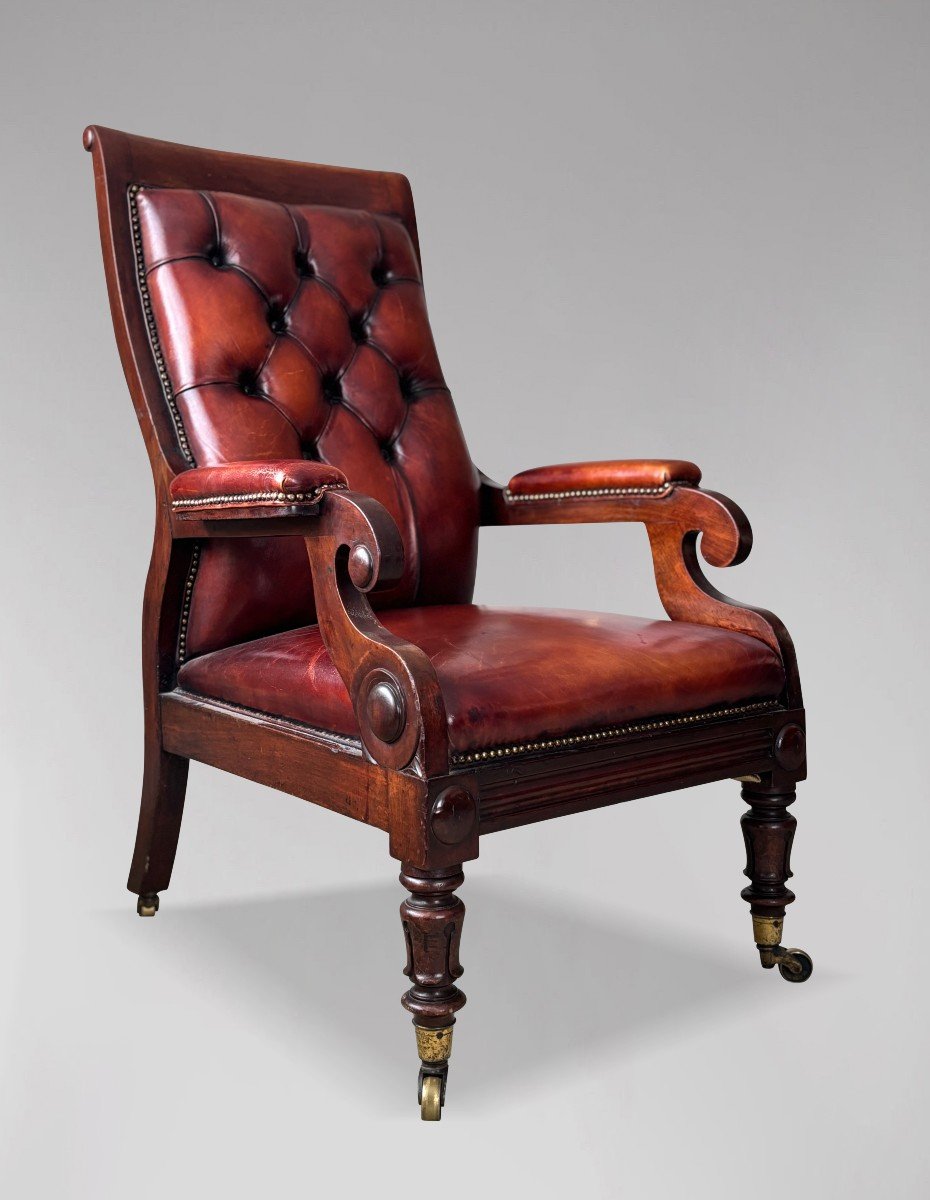 19ème Siècle, Fauteuil de Bibliothèque en Acajou et Cuir d'Époque Guillaume IV -photo-2