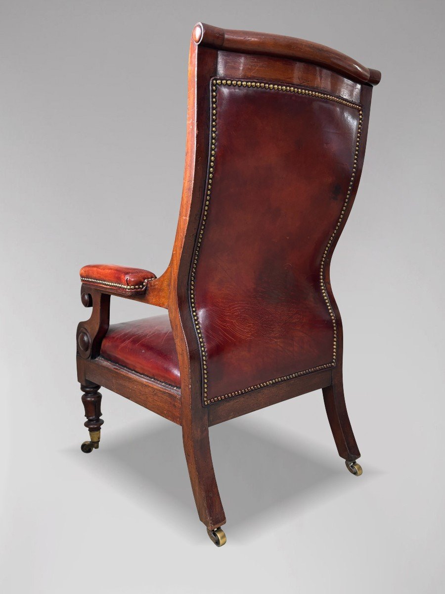 19ème Siècle, Fauteuil de Bibliothèque en Acajou et Cuir d'Époque Guillaume IV -photo-2