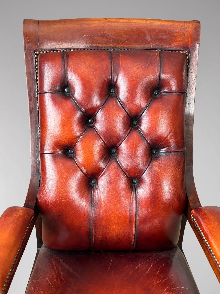 19ème Siècle, Fauteuil de Bibliothèque en Acajou et Cuir d'Époque Guillaume IV -photo-5