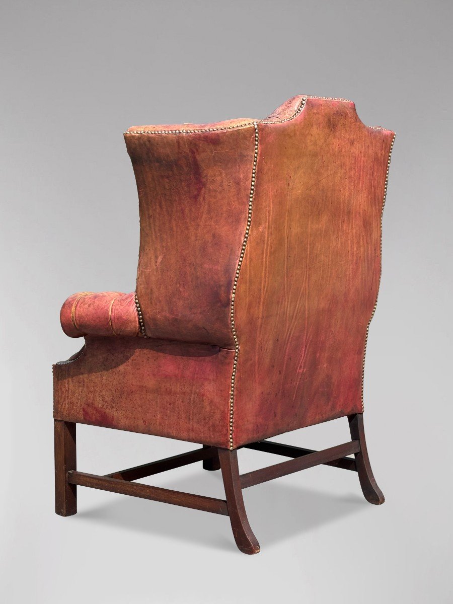 19ème Siècle, Fauteuil à Boutons Complets en Cuir Rouge Intouché -photo-3