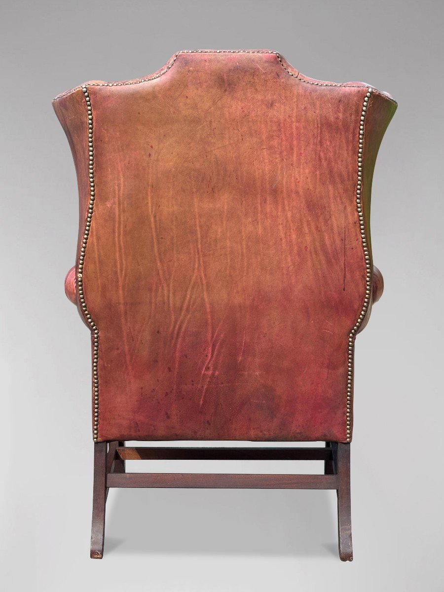 19ème Siècle, Fauteuil à Boutons Complets en Cuir Rouge Intouché -photo-4