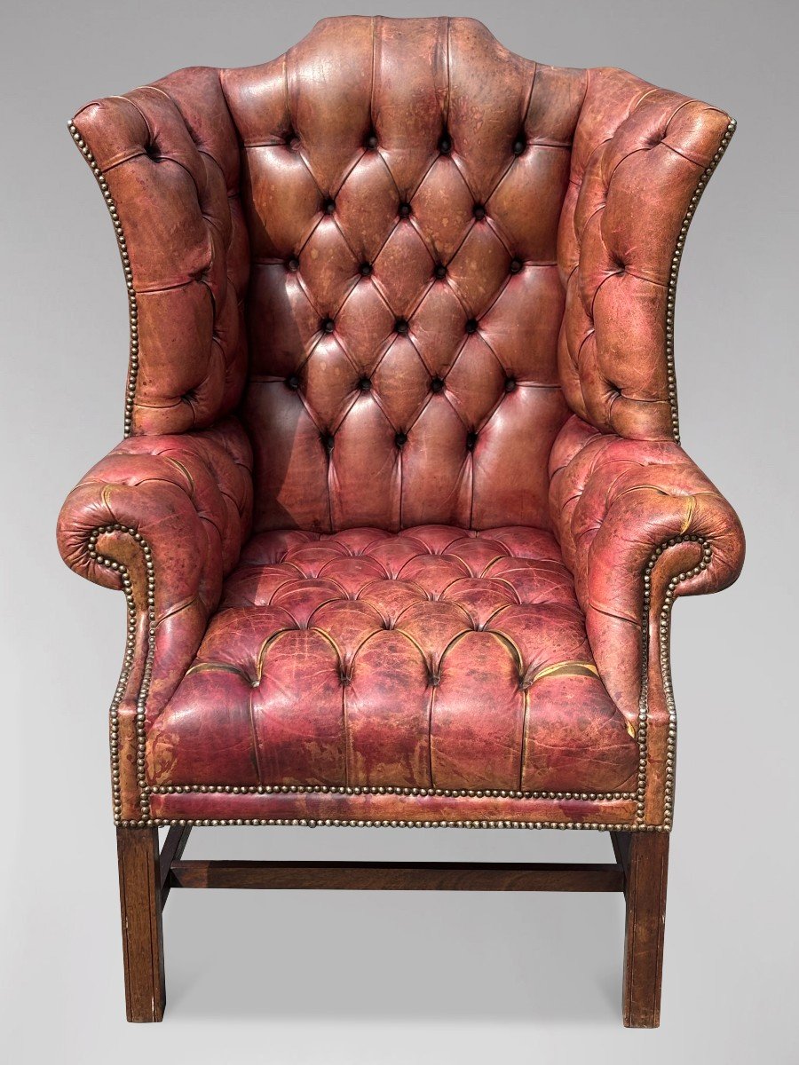 19ème Siècle, Fauteuil à Boutons Complets en Cuir Rouge Intouché -photo-4