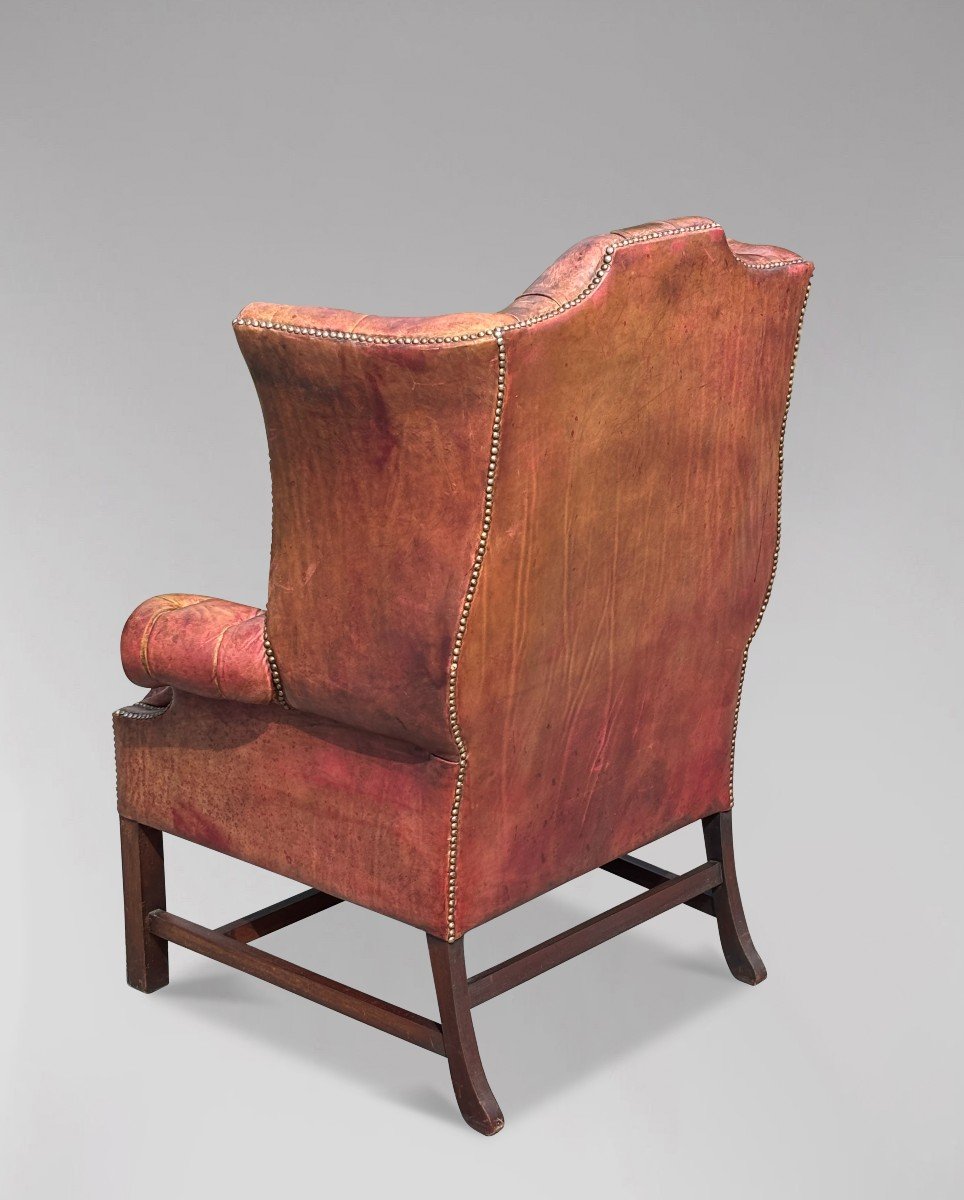 19ème Siècle, Fauteuil à Boutons Complets en Cuir Rouge Intouché -photo-7