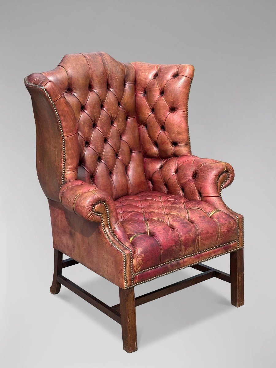 19ème Siècle, Fauteuil à Boutons Complets en Cuir Rouge Intouché 