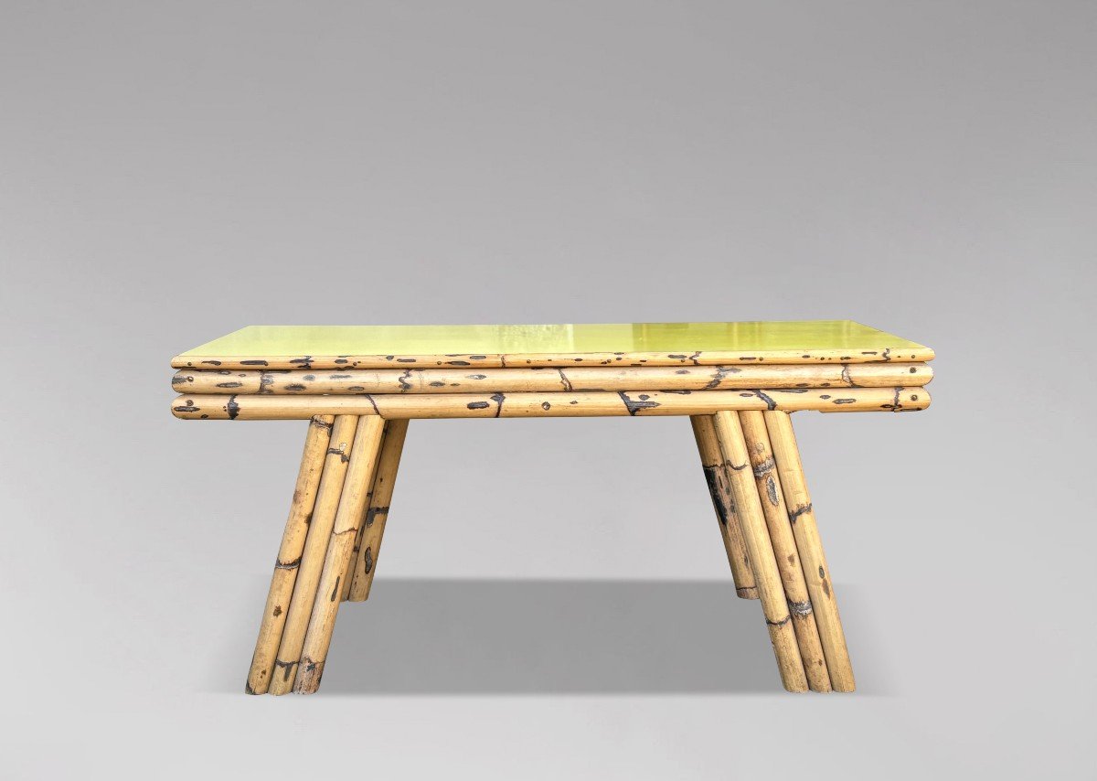 Table Basse Italienne en Bambou des Années 1970 avec Plateau en Formica Jaune-photo-3