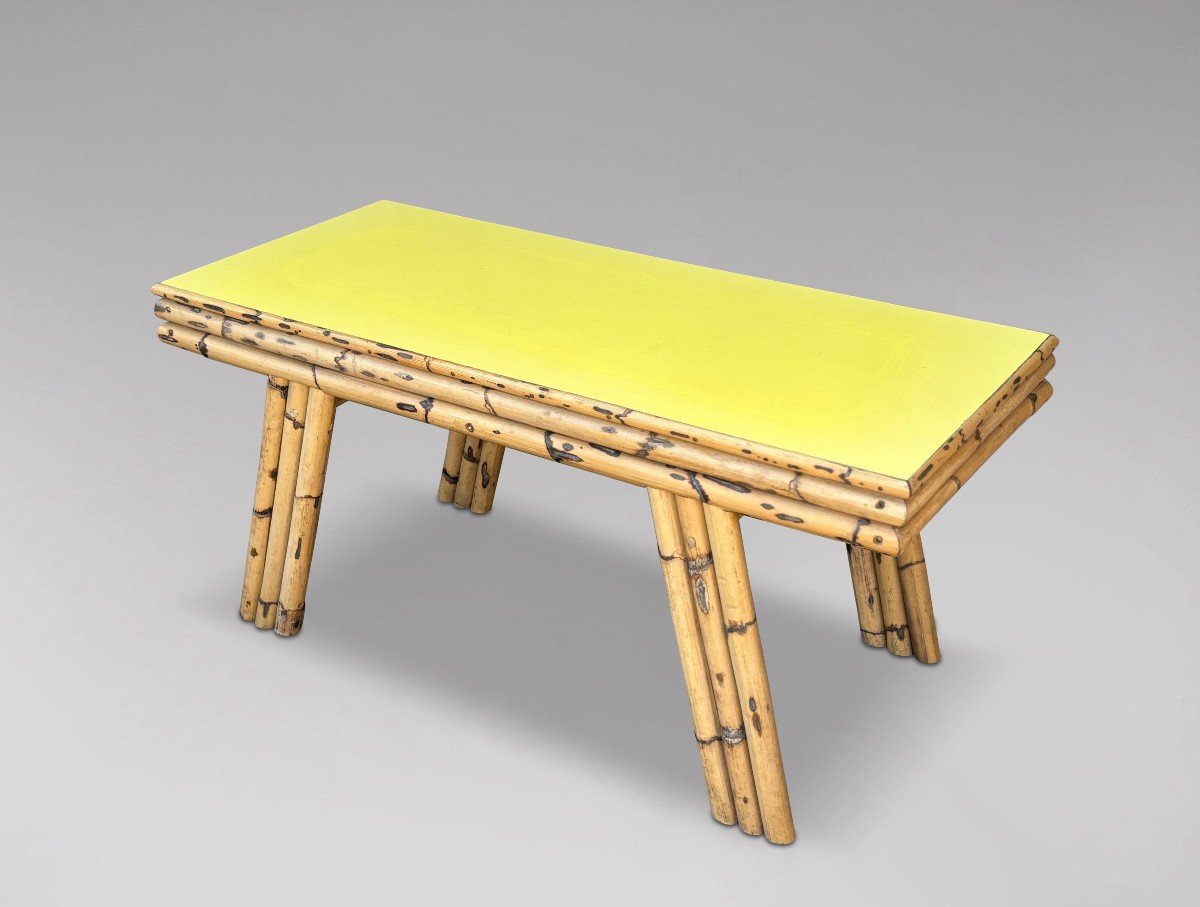 Table Basse Italienne en Bambou des Années 1970 avec Plateau en Formica Jaune