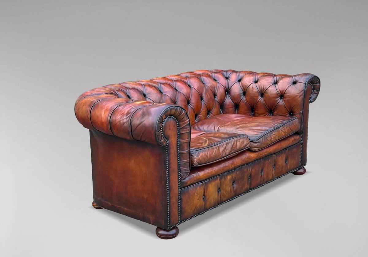 Canapé Chesterfield en Cuir Marron Début 20ème Siècle-photo-4