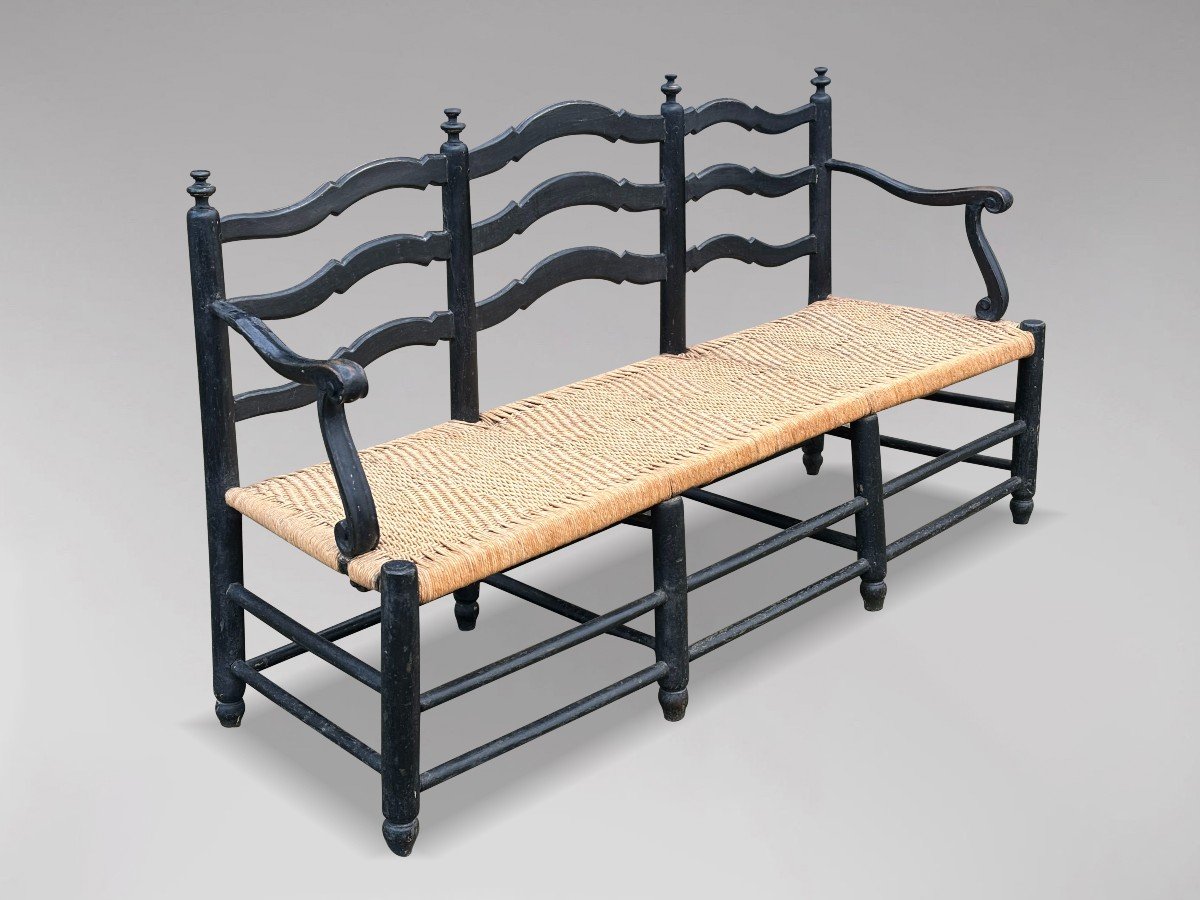 Banc French Provincial du 19ème Siècle avec Dossier en Échelle Peinte et Corde Tressée-photo-3
