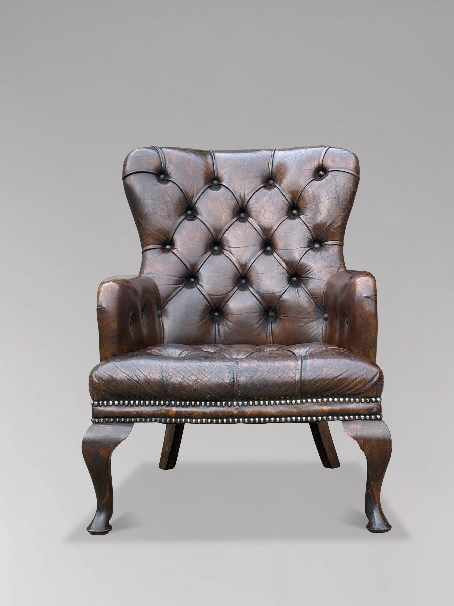 Fauteuil de Lecture Victorien Boutonné en Cuir Marron du 19ème Siècle-photo-6