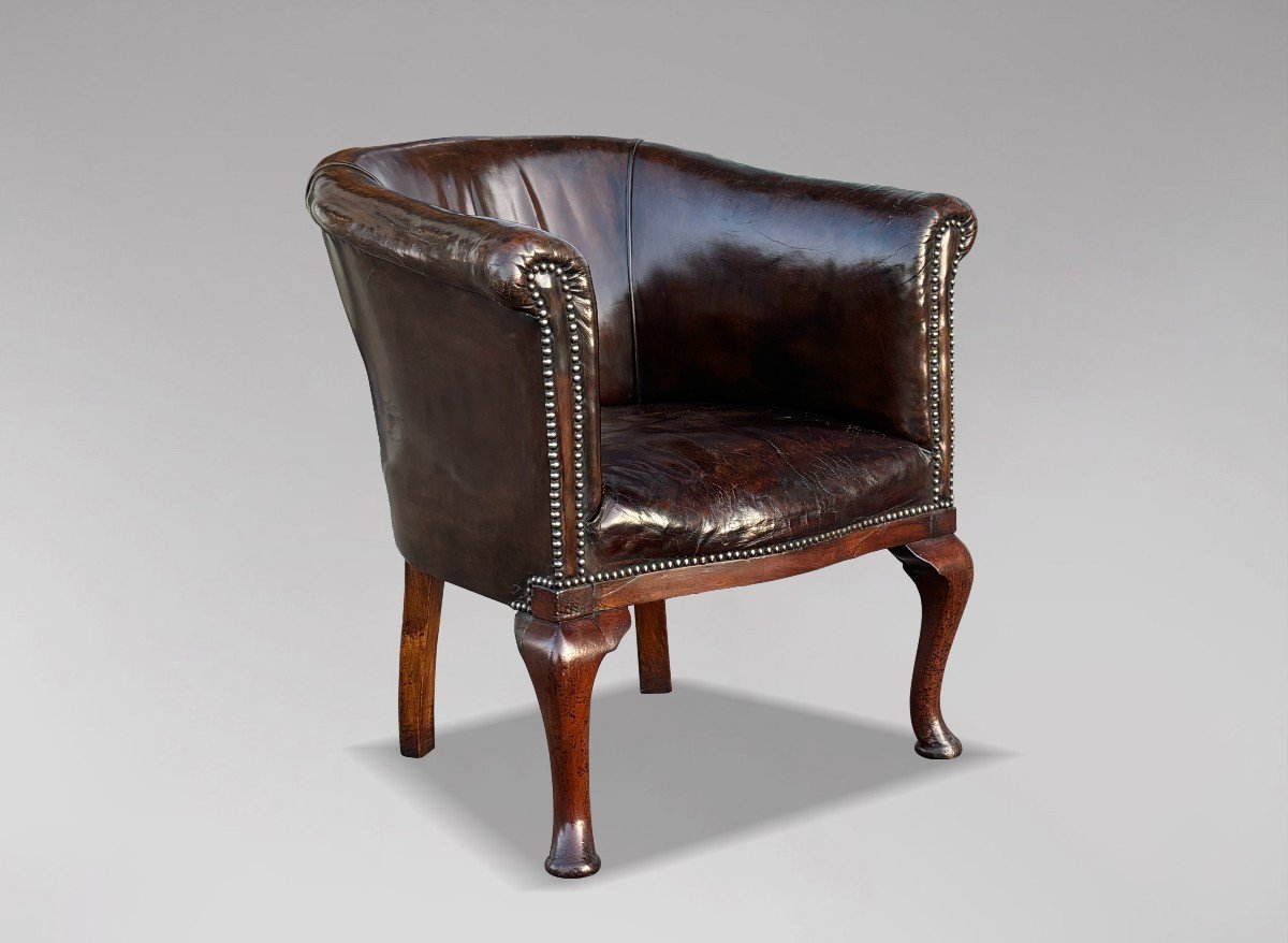 Fauteuil de Bureau en Cuir Marron d'époque Guillaume IV 19ème Siècle
