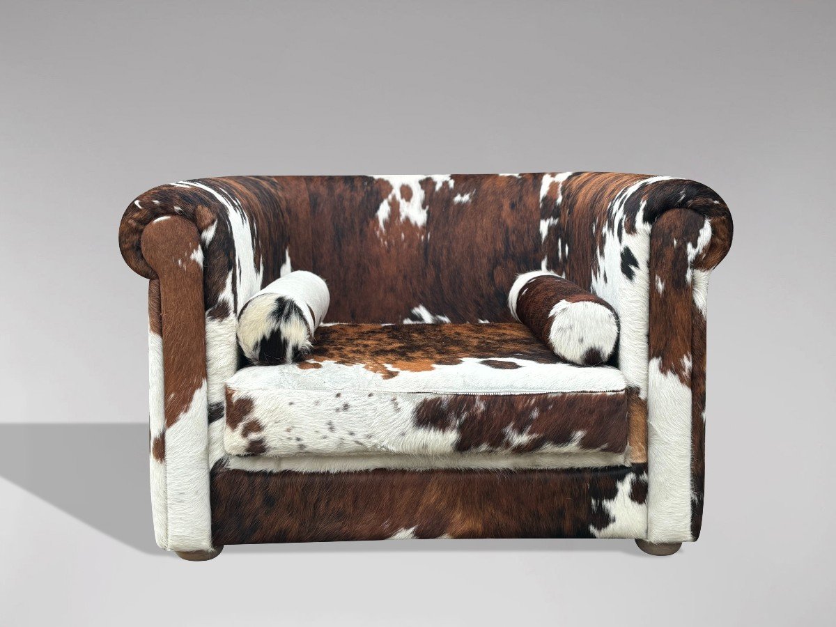 Oversized Italian Brown & White Cow Fur Leather Lounge Armchair-photo-3