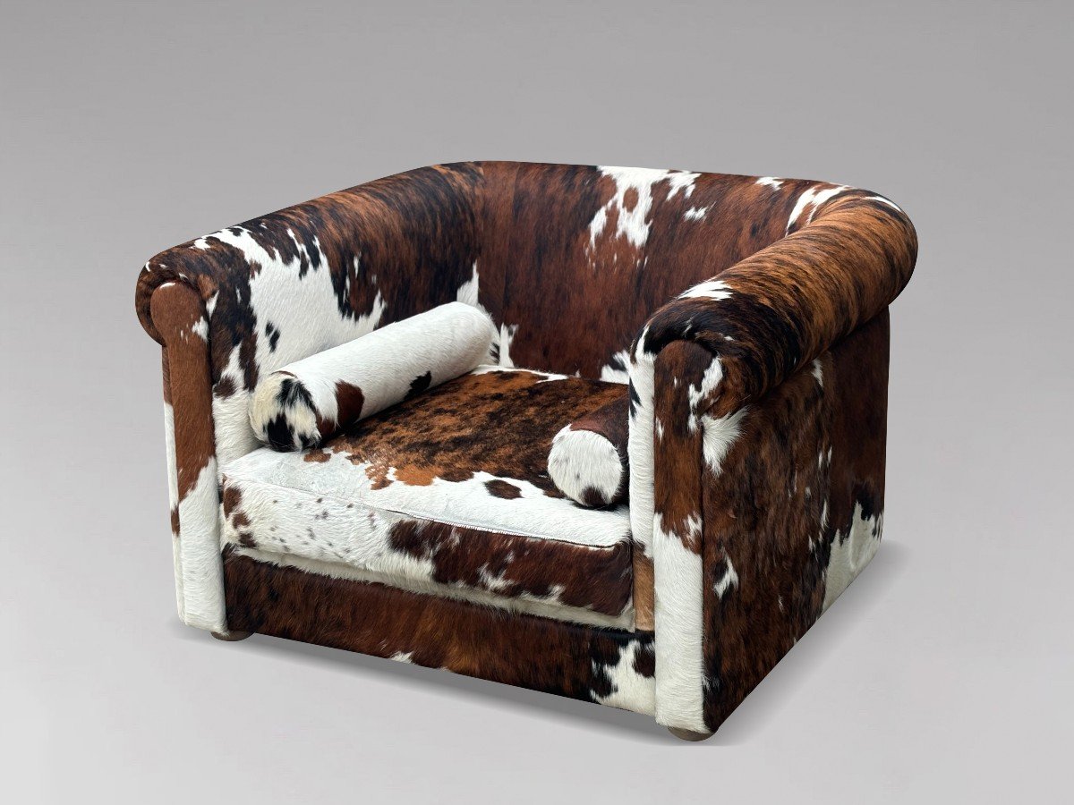Oversized Italian Brown & White Cow Fur Leather Lounge Armchair-photo-4