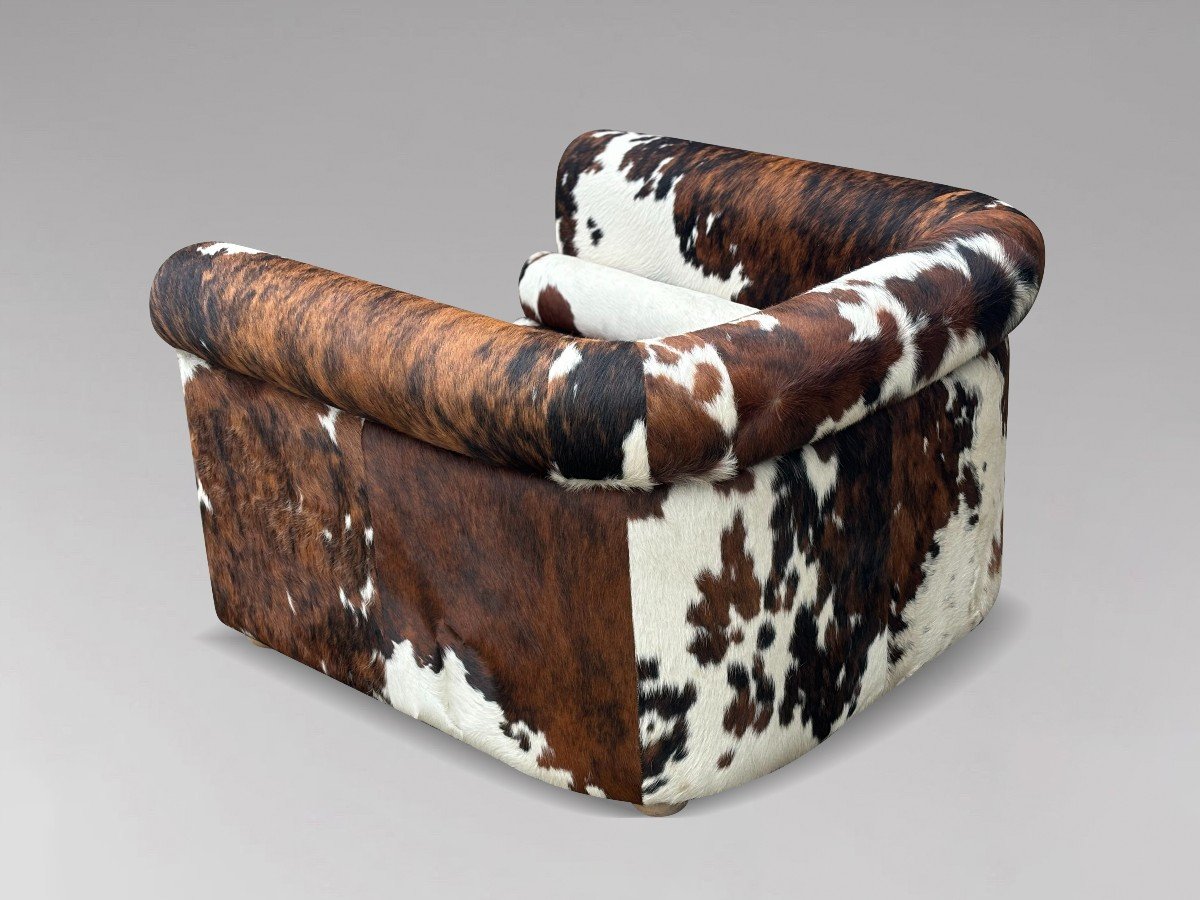 Oversized Italian Brown & White Cow Fur Leather Lounge Armchair-photo-5