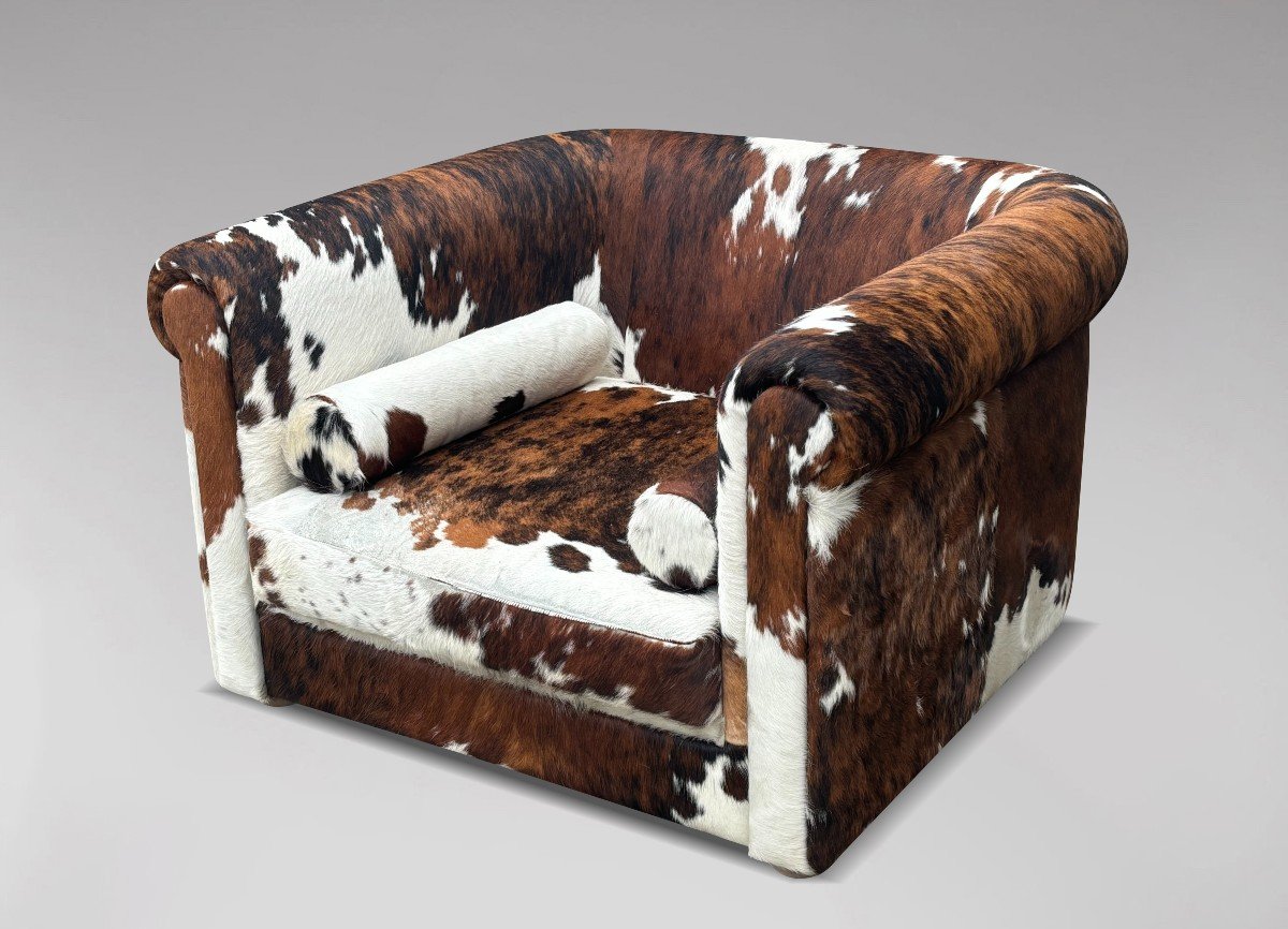 Oversized Italian Brown & White Cow Fur Leather Lounge Armchair